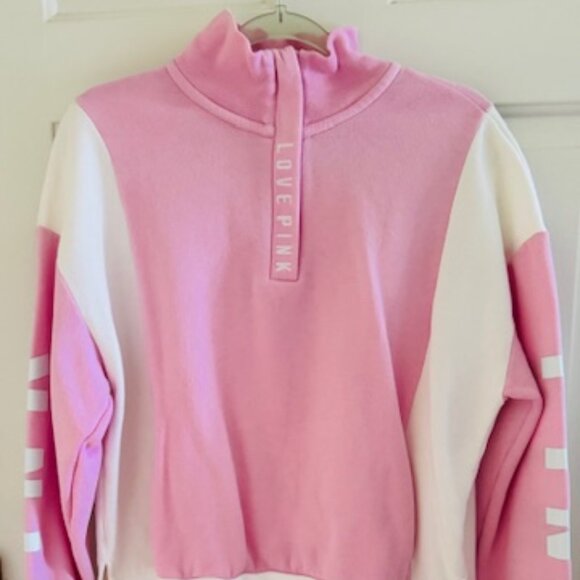 PINK Victoria's Secret Tops - VS PINK Pastel Pink Colorblock Quarter Zip Sweatshirt S Preppy Soft Girl EUC